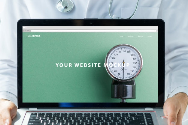 Doctor Holding Laptop Mockup For Website Psd
