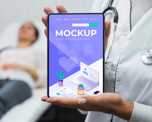 Doctor Holding Tablet Mock-Up Near Patient Psd
