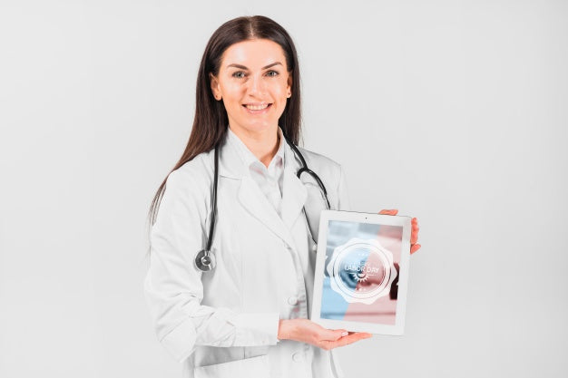 Doctor Holding Tablet Mockup For Labor Day Psd