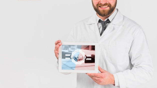 Doctor Holding Tablet Mockup For Labor Day Psd