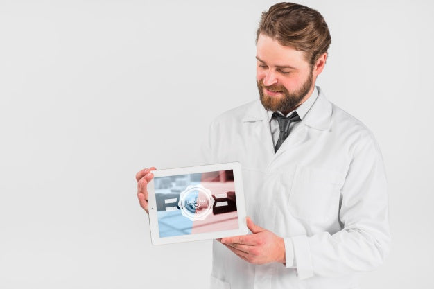 Doctor Holding Tablet Mockup For Labor Day Psd