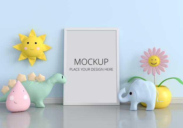 Doll On Floor With Frame Mockup Psd