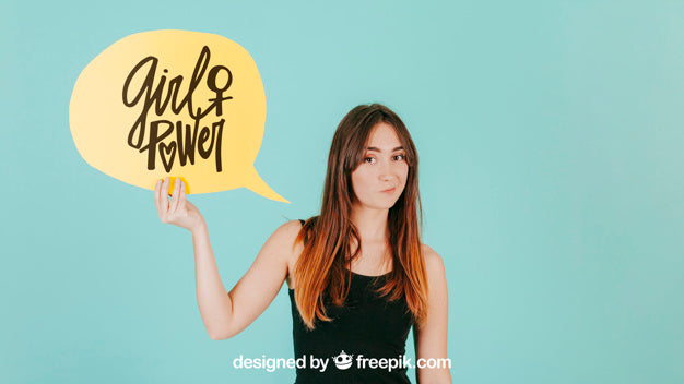 Doubtful Woman With Speech Bubble Mockup Psd