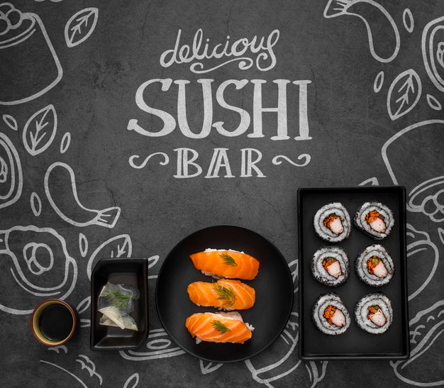 Draw With Sushi And Tablet Set With Sushi Rolls Psd