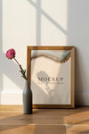 Dried Pink Peony Flower In A Gray Vase By A Wooden Frame Mockup Psd