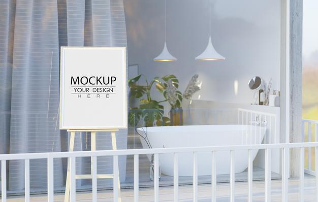 Easel Mockup In Balcony Over Bathroom Interior Psd