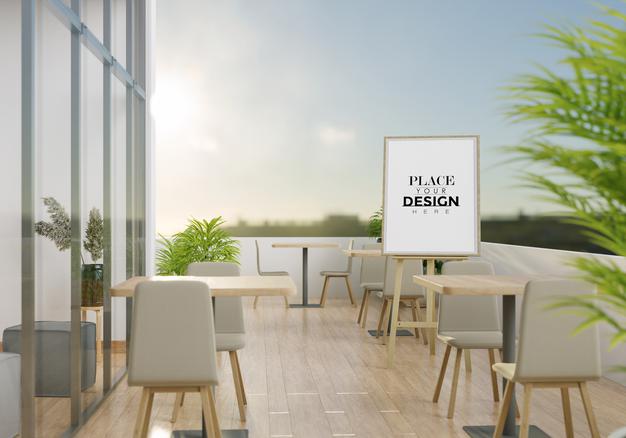 Easel Mockup In Restaurant Terrace With Tables And Chairs Psd