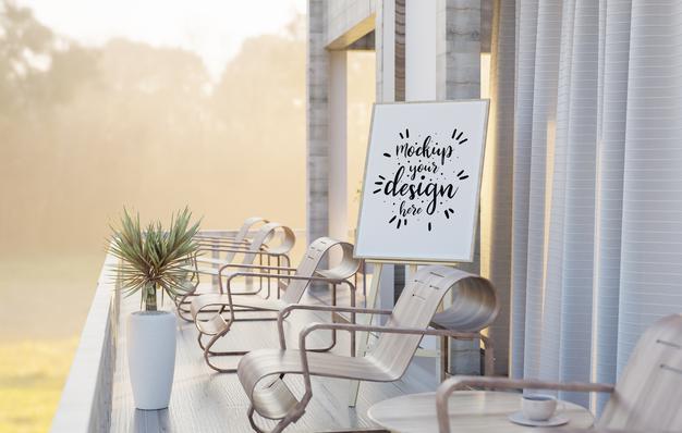 Easel Mockup In Terrace With Sun Lounger Psd