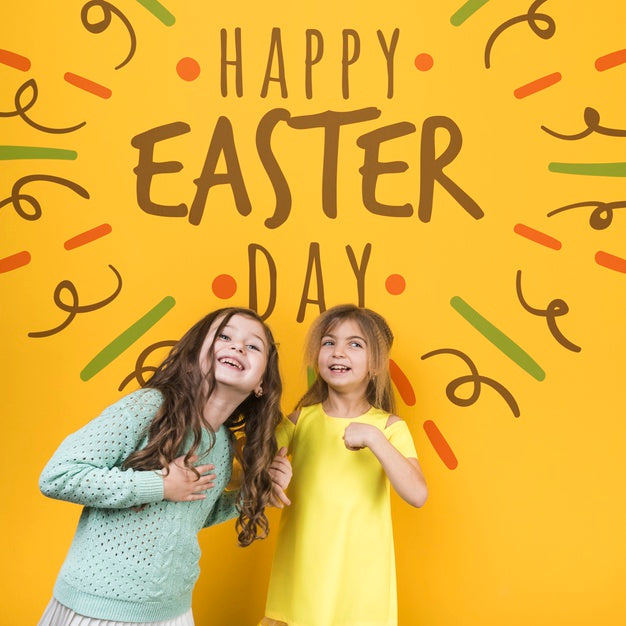 Easter Mockup With Blonde And Brunette Girls Psd