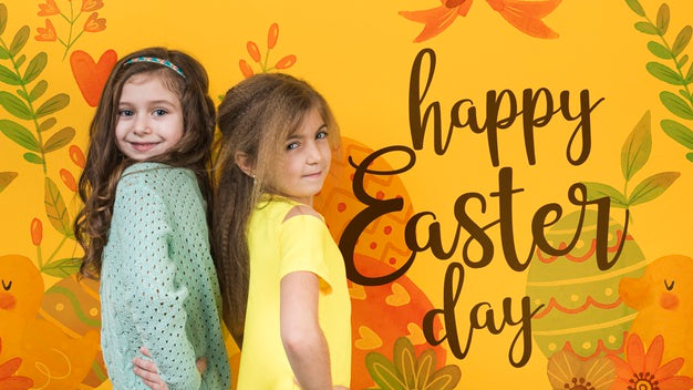Easter Mockup With Blonde And Brunette Girls Psd