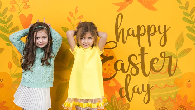 Easter Mockup With Blonde And Brunette Girls Psd