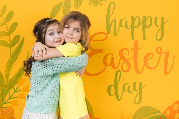 Easter Mockup With Blonde And Brunette Girls Psd