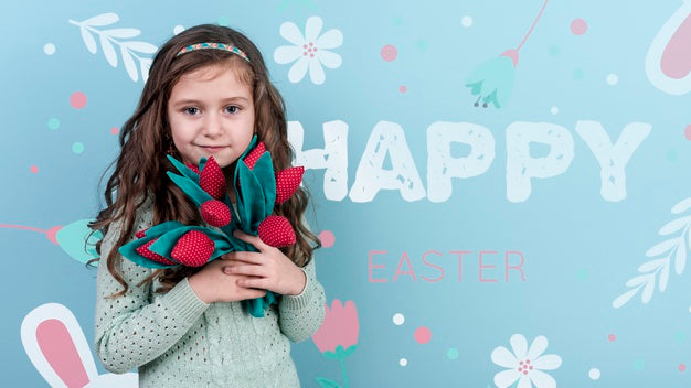 Easter Mockup With Brunette Girl Holding Flowers Psd