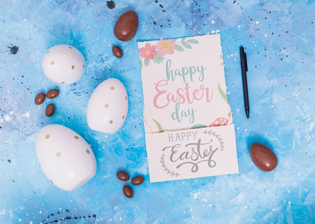 Easter Mockup With Card And Chocolate Eggs Psd