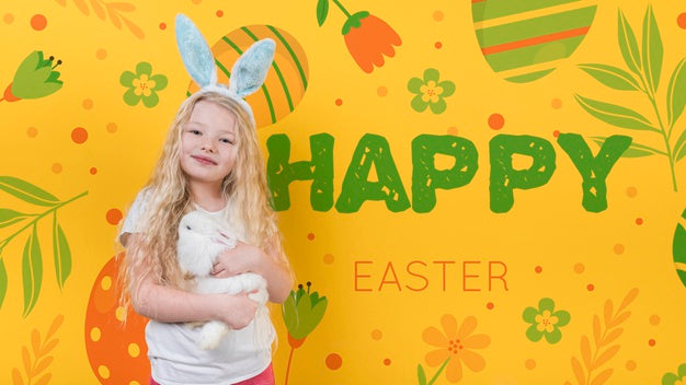 Easter Mockup With Girl And Rabbit Psd
