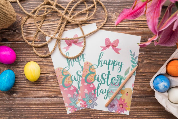 Easter Mockup With Rope And Eggs Psd