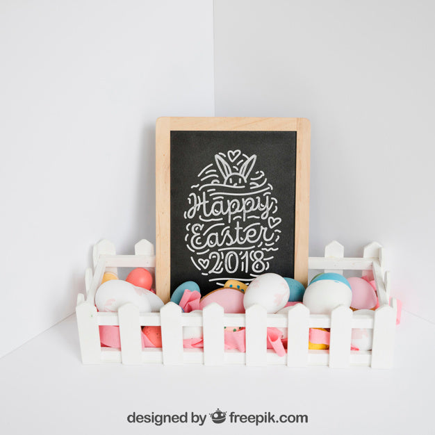 Easter Mockup With Slate And Fence Psd