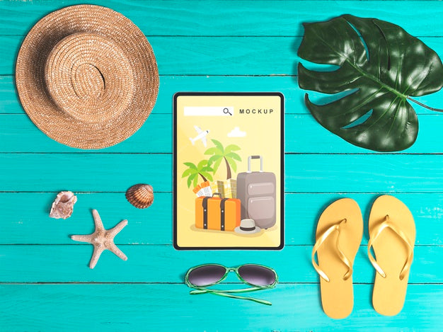 Editable Flat Lay Tablet Mockup With Summer Elements Psd