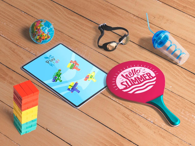 Editable Isometric Tablet Mockup With Summer Elements Psd