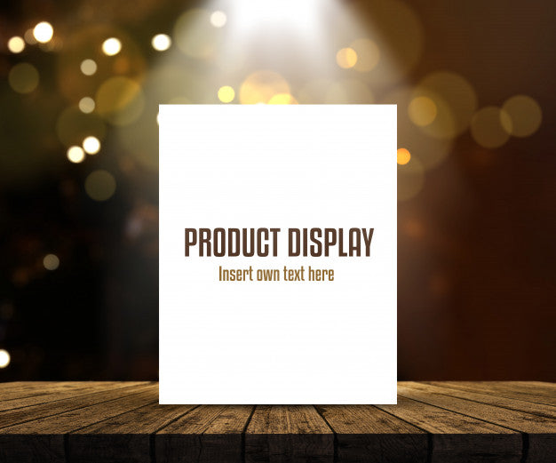 Editable Product Display Background With Blank Picture On Wooden Table Against Bokeh Lights Psd