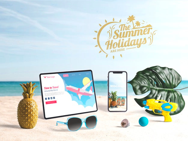 Editable Tablet And Smartphone Mockup With Summer Elements Psd