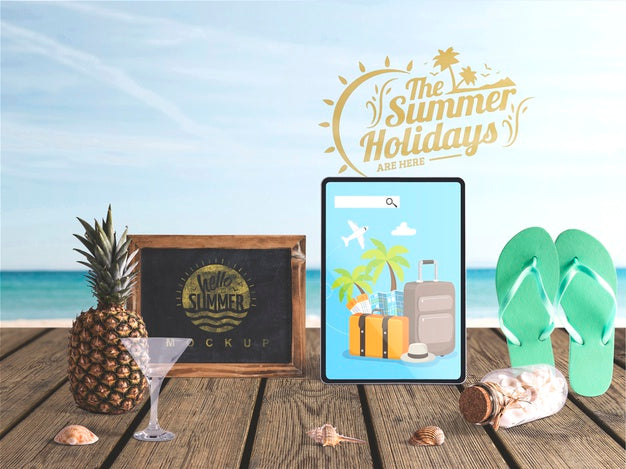 Editable Tablet Mockup With Summer Elements Psd