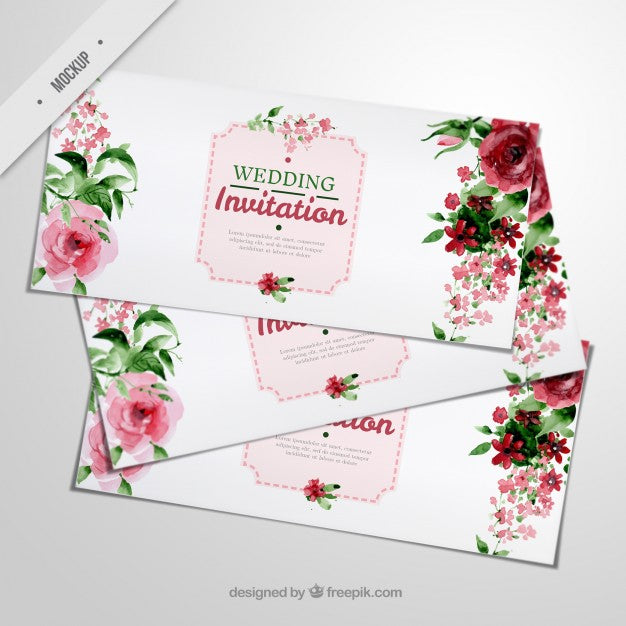 Elegant Wedding Invitations With Watercolor Roses And Leaves Psd