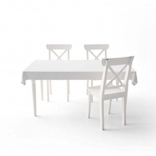 Empty Dining Table Mockup With White Cloth And Modern Chairs Psd