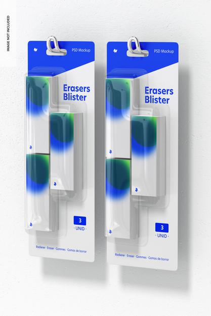 Erasers Blister Mockup, Hanging On Wall Psd