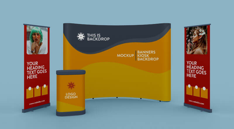 Exhibition Standing Banner, Kiosk & Backdrop Mockup Psd