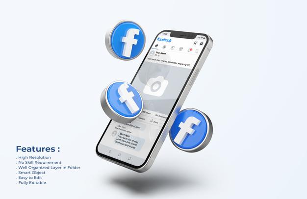 Facebook On Mobile Phone Mockup With 3D Icons Psd