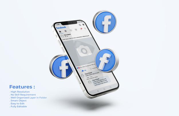 Facebook On Mobile Phone Mockup With 3D Icons Psd