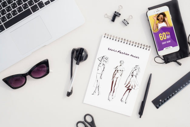 Fashion Sketch On Desk With Tools Beside Psd