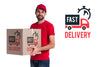 Fast Delivery And Man In Red Costume Psd