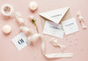 Fat Lay Of Wedding Cards With Ribbon And Candles Psd