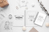 Fat Lay Of Wedding Notebooks With Gift And Candles Psd