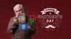 Father Holding Cardboard Mock-Up And Flowers On Burgundy Background Psd
