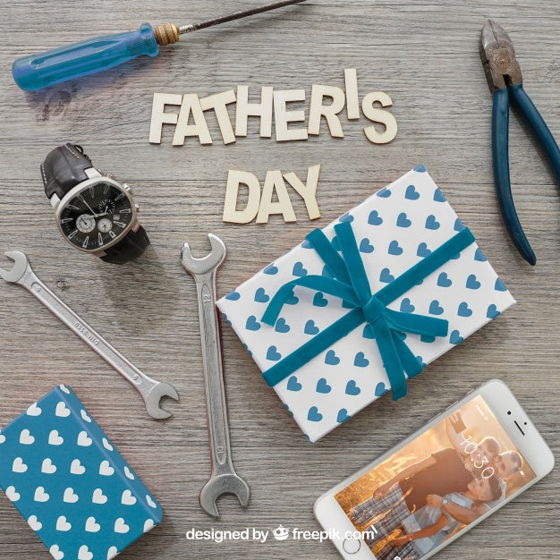 Father'S Day Lettering, Gift Boxes, Smartphone, Watch And Tools Psd