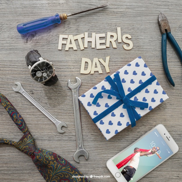Father'S Day Lettering, Smartphone, Gift Box And Tools Psd