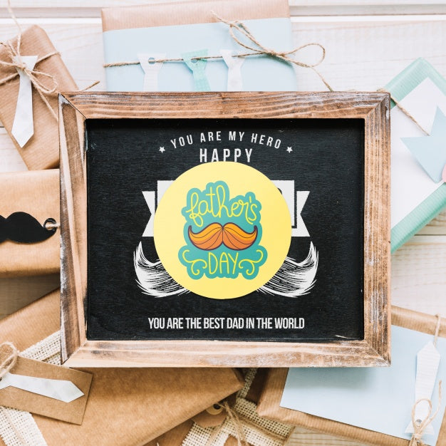 Fathers Day Mockup With Slate On Presents Psd