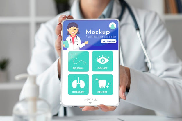 Female Doctor Working On A Mock-Up Tablet Psd