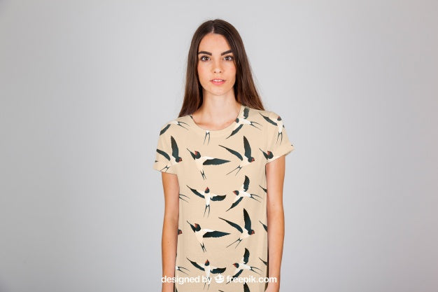 Young Woamn Wearing a Long T-Shirt PSD Mockup