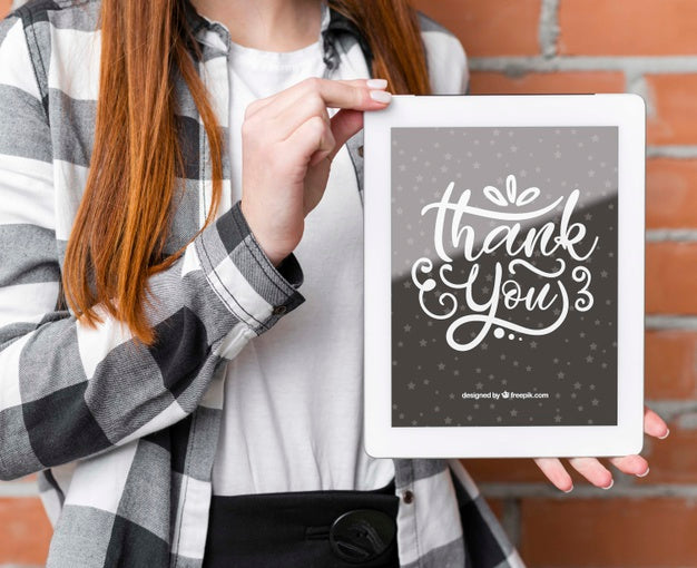 Female Holding Tablet Device Mock-Up Psd