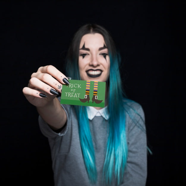 Female Vampire Presenting Business Card Psd