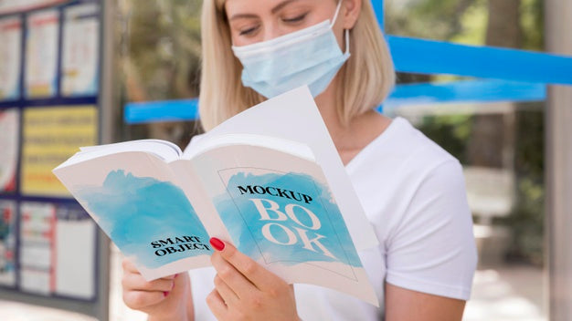 Female With Mask On Street Reading Book Psd