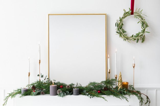 Festive Golden Photo Frame Against A White Wall Psd
