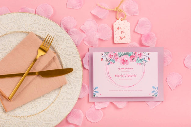 Fifteen Birthday Invitation Alongside Golden Cutlery Psd