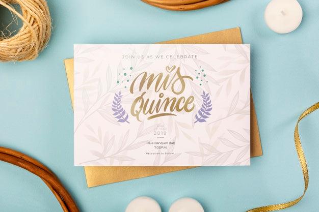 Fifteen Birthday Invitation And Golden Ribbons Psd