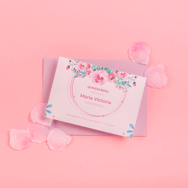 Fifteen Birthday Invitation And Petals Flat Lay Psd