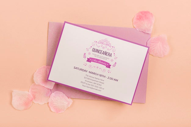 Fifteen Birthday Invitation And Petals Top View Psd